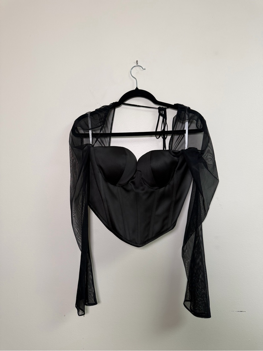Black Corset Bustier with Sheer Mesh Sleeves - Women Tops